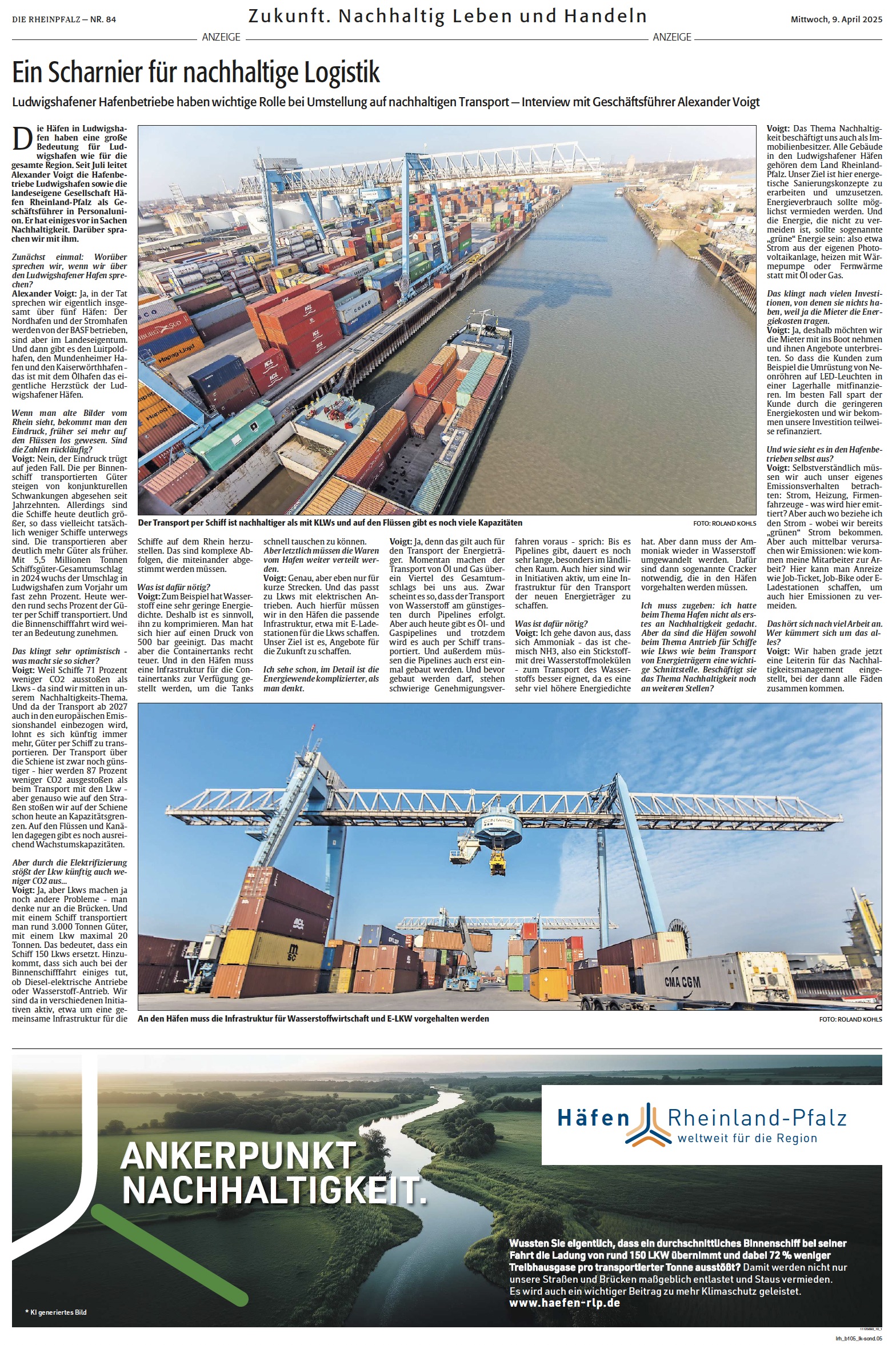 Zeitungsanzeige der Haefen Rheinland-Pfalz GmbH mit dem Thema ein Scharnier für nachhaltige Logistik